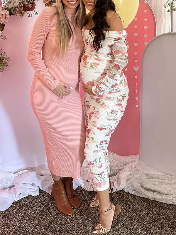 fotobeyou White Off-Shoulder Stamp Duty  Single Sleeve Side Slit Ruched Banquet Ceremony Baby Shower Maternity Photoshoot Midi Dress