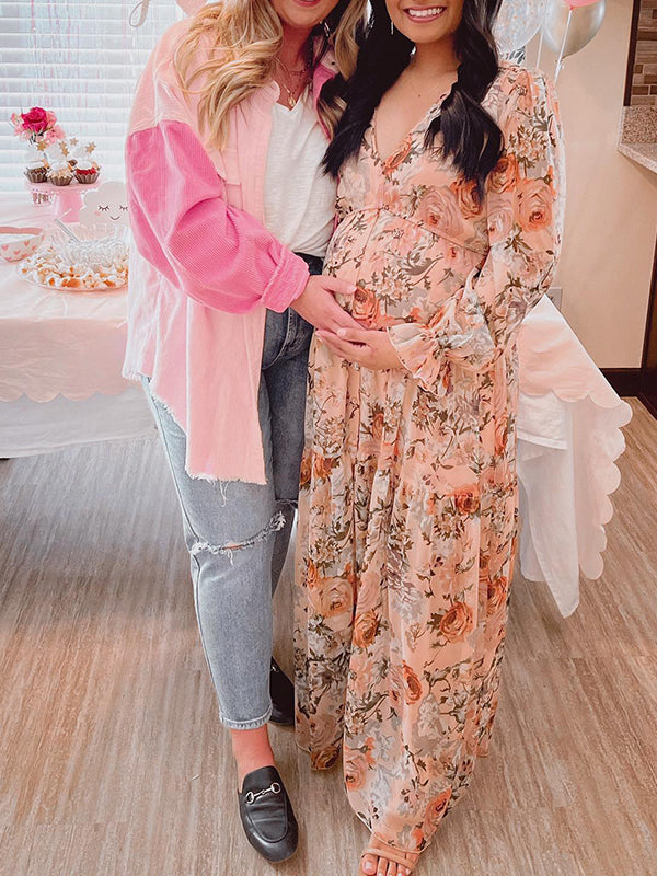 fotobeyou V neck Crushed Flower Vacation Beach Baby Shower Maternity Photoshoot Maxi Dress