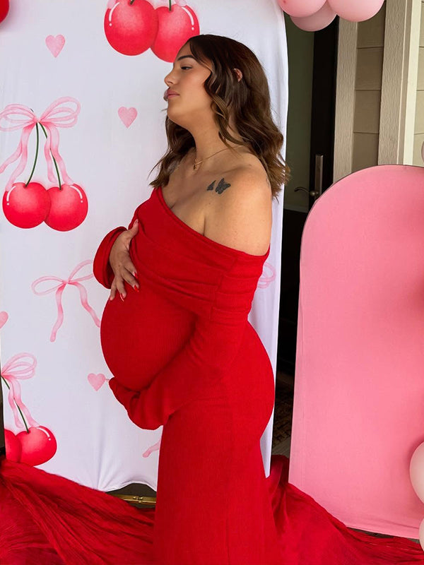 Fotobeyou Red Off Shoulder Open Back Bodycon Maternity Baby Shower Maxi Dress