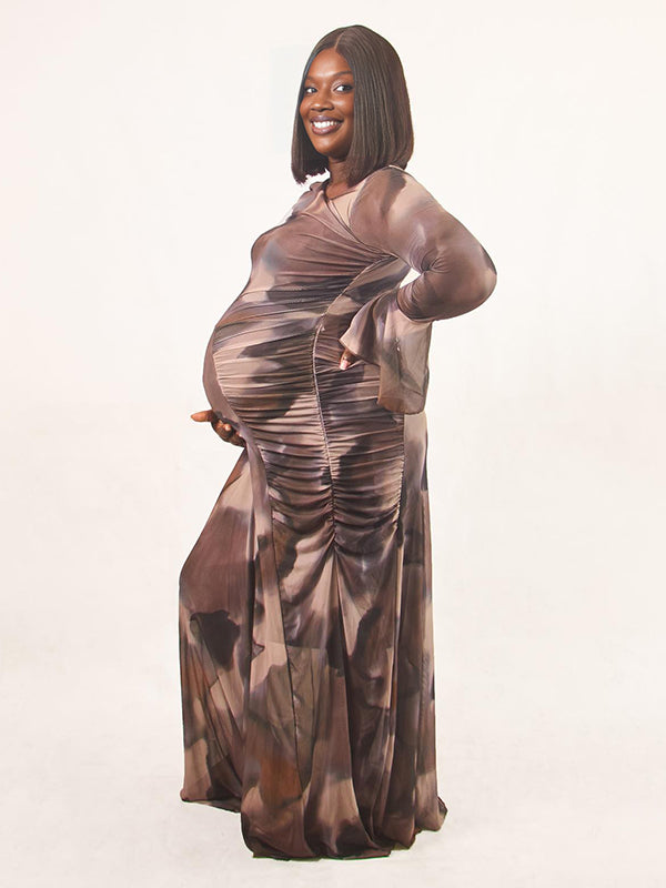 Fotobeyou Light Brown Slanted Collar Print Smocking Maternity Photoshoot Maxi Dress