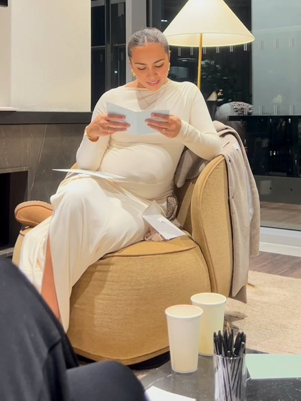 Fotobeyou White Ruched Ruffle Draped Side Slit Tie Back Maternity Maxi Dress