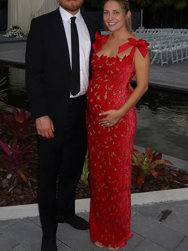 Fotobeyou Lace Hollow Out Bow Tie Shoulder Strap Back Slit Maternity Maxi Dress