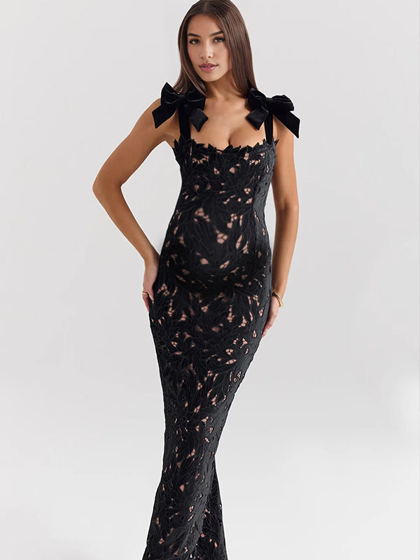 Fotobeyou Lace Hollow Out Bow Tie Shoulder Strap Back Slit Maternity Maxi Dress