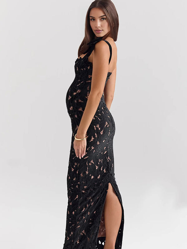 Fotobeyou Lace Hollow Out Bow Tie Shoulder Strap Back Slit Maternity Maxi Dress
