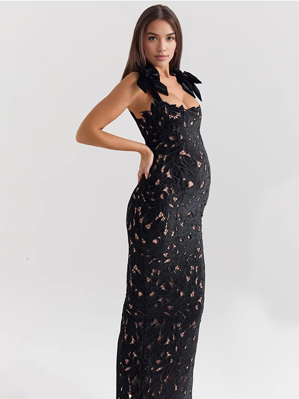 Fotobeyou Lace Hollow Out Bow Tie Shoulder Strap Back Slit Maternity Maxi Dress