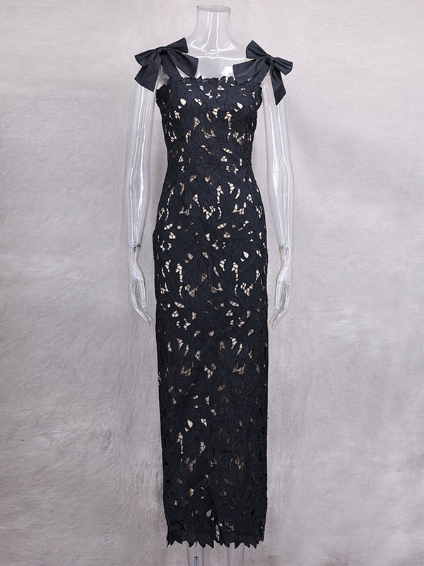 Fotobeyou Lace Hollow Out Bow Tie Shoulder Strap Back Slit Maternity Maxi Dress