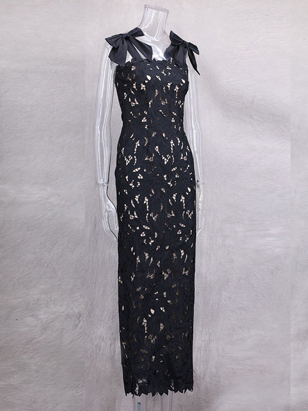 Fotobeyou Lace Hollow Out Bow Tie Shoulder Strap Back Slit Maternity Maxi Dress