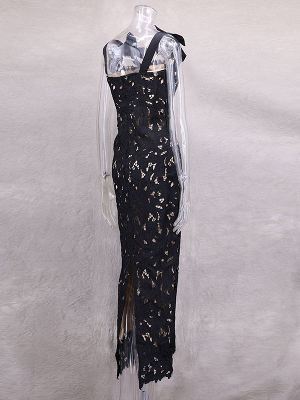 Fotobeyou Lace Hollow Out Bow Tie Shoulder Strap Back Slit Maternity Maxi Dress