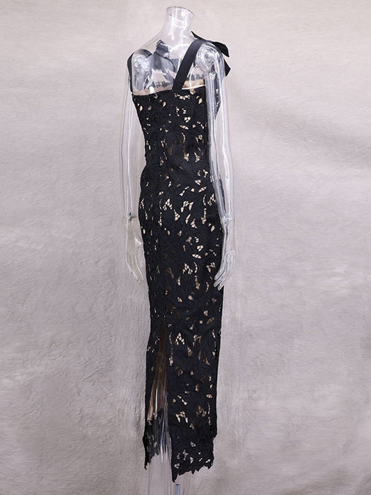 Fotobeyou Lace Hollow Out Bow Tie Shoulder Strap Back Slit Maternity Maxi Dress
