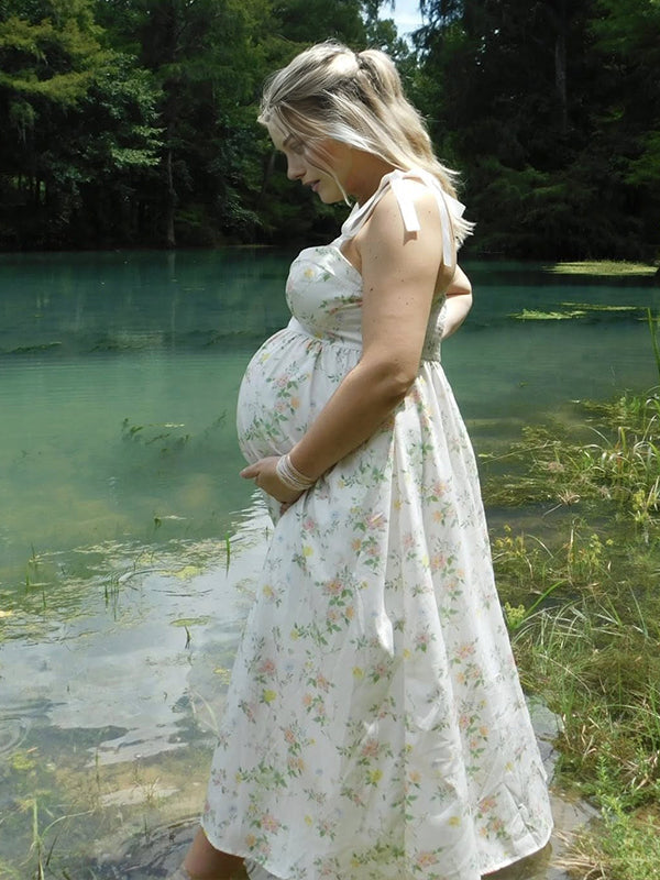 Fotobeyou White Floral Bodice Smocked Tie Shoulder Strap A-line Maternity Maxi Dress
