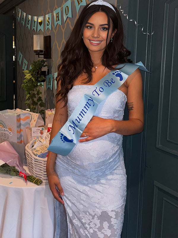 Fotobeyou Blue Floral Ruched Strapless Side Slit Bandeau Maternity Maxi Dress