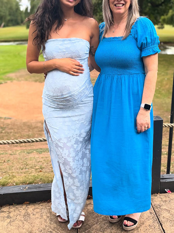 Fotobeyou Blue Floral Ruched Strapless Side Slit Bandeau Maternity Maxi Dress
