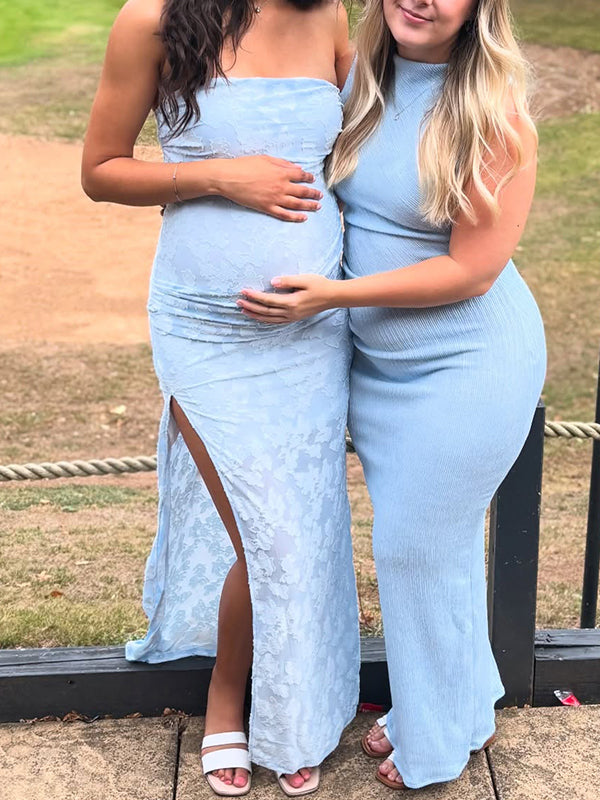 Fotobeyou Blue Floral Ruched Strapless Side Slit Bandeau Maternity Maxi Dress