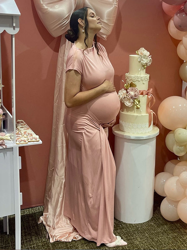 Fotobeyou Pink Ruched Ruffle Draped Side Slit Tie Back Maternity Maxi Dress