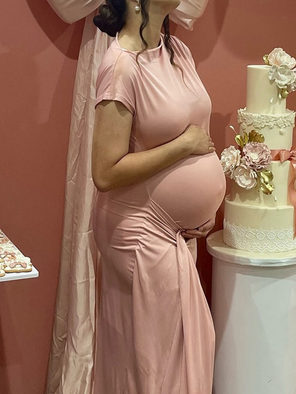 Fotobeyou Pink Ruched Ruffle Draped Side Slit Tie Back Maternity Maxi Dress