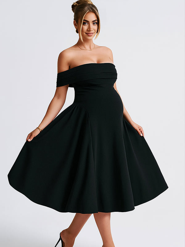 Fotobeyou Off Shoulder Dropped Waist Voluminous Panels A-line Maternity Maxi Dress