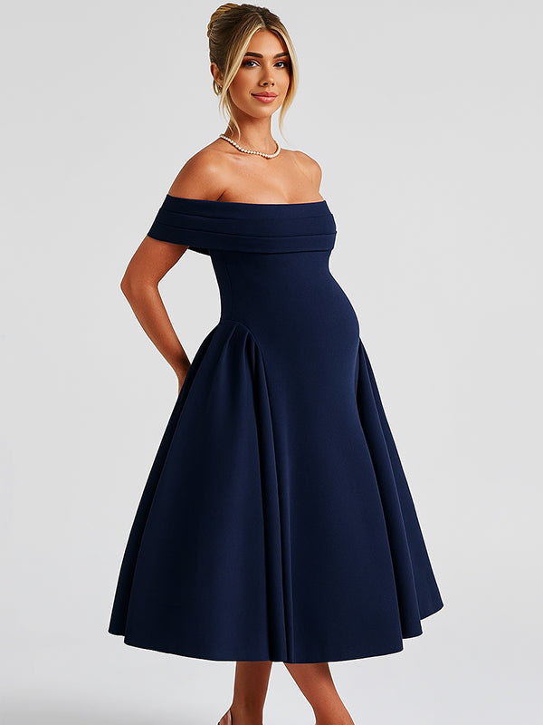 Fotobeyou Off Shoulder Dropped Waist Voluminous Panels A-line Maternity Maxi Dress
