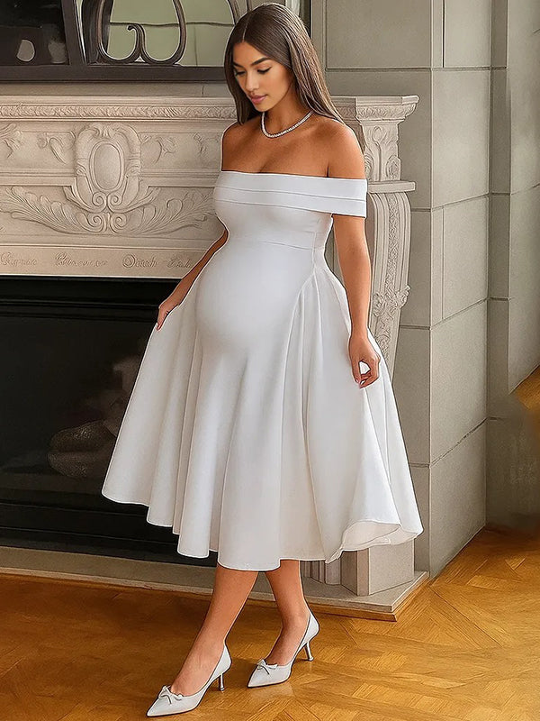 Fotobeyou Off Shoulder Dropped Waist Voluminous Panels A-line Maternity Maxi Dress