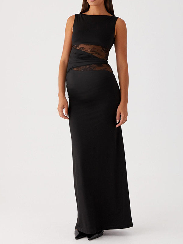 Fotobeyou Lace Patchwork Ruched Twisted Waistband Bodycon Maternity Maxi Dress