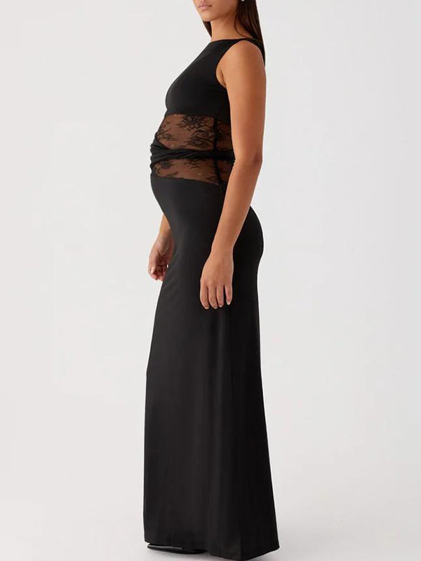 Fotobeyou Lace Patchwork Ruched Twisted Waistband Bodycon Maternity Maxi Dress