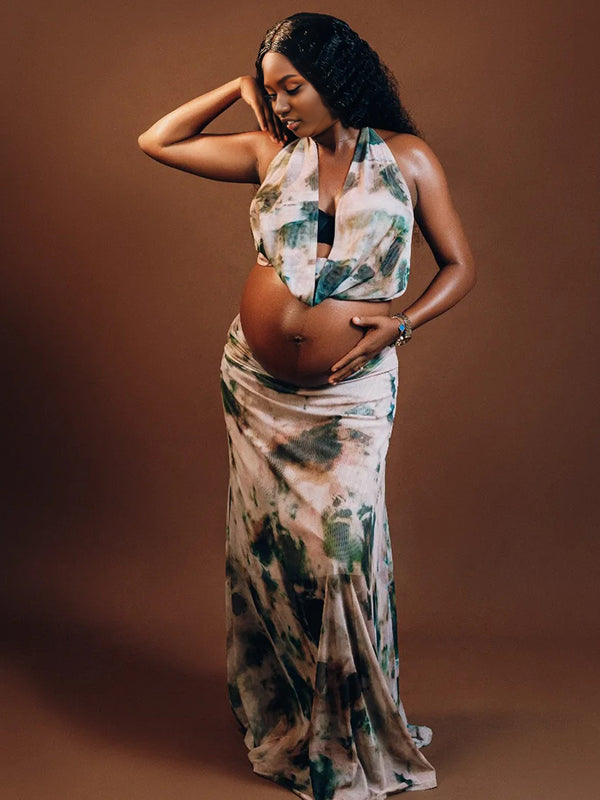Fotobeyou Printed Ruched Crop Backless Two Piece Set Maternity Maxi Dress