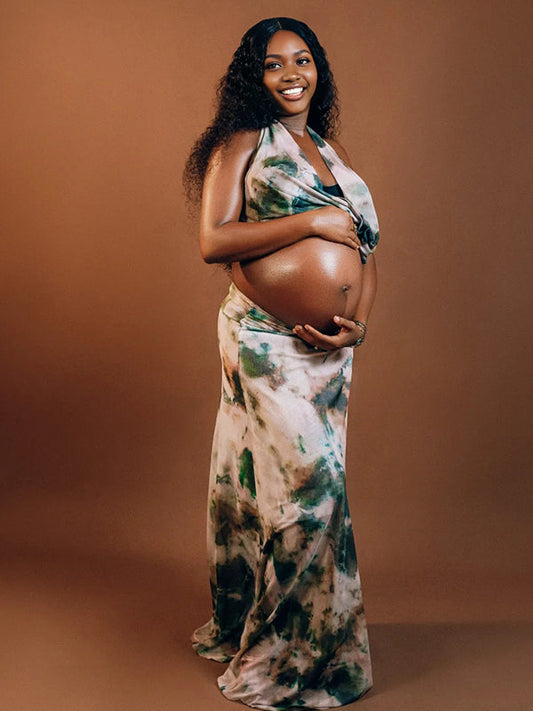 Fotobeyou Printed Ruched Crop Backless Two Piece Set Maternity Maxi Dress