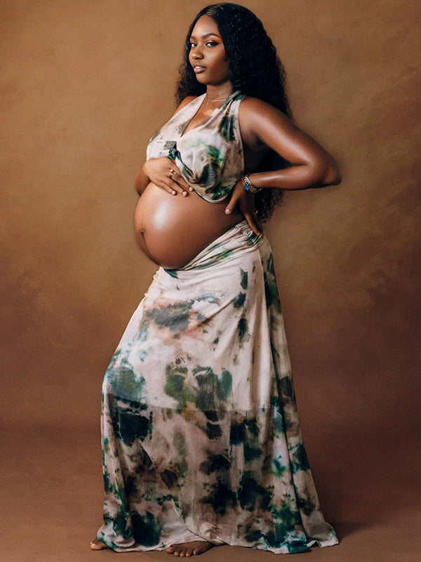 Fotobeyou Printed Ruched Crop Backless Two Piece Set Maternity Maxi Dress