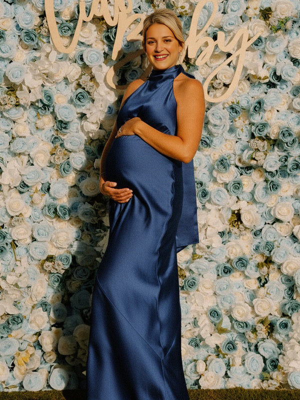 Fotobeyou Blue Satin Tie Back Halter Neck Backless Maternity Maxi Dress