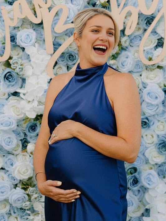Fotobeyou Blue Satin Tie Back Halter Neck Backless Maternity Maxi Dress