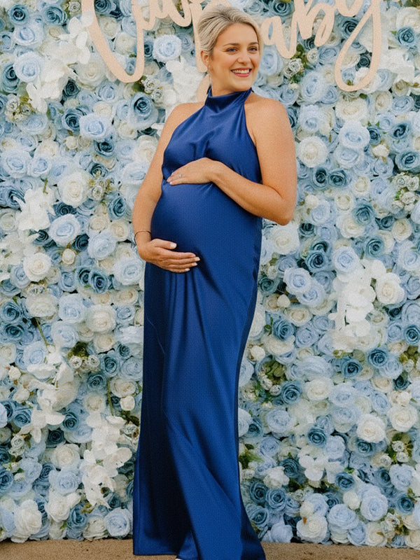 Fotobeyou Blue Satin Tie Back Halter Neck Backless Maternity Maxi Dress