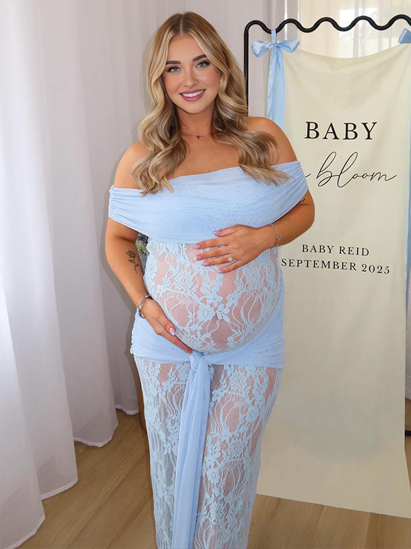 Fotobeyou Blue Lace Mesh Off Shoulder Knot Ruched Draped Sheer Maternity Maxi Dress