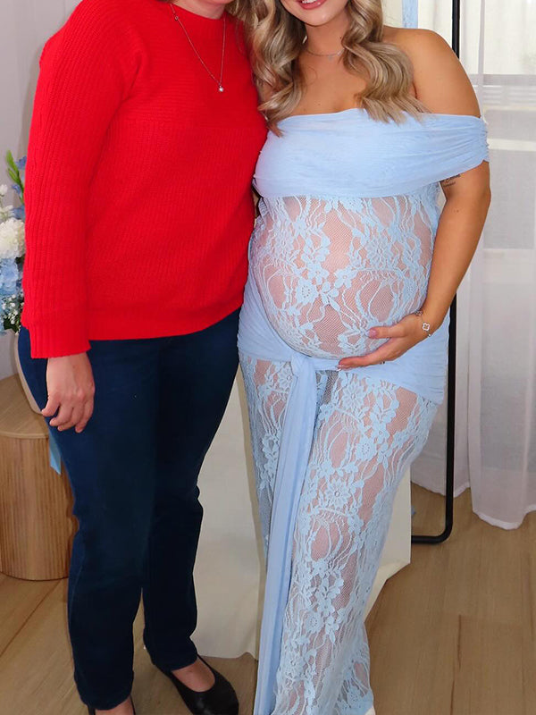 Fotobeyou Blue Lace Mesh Off Shoulder Knot Ruched Draped Sheer Maternity Maxi Dress