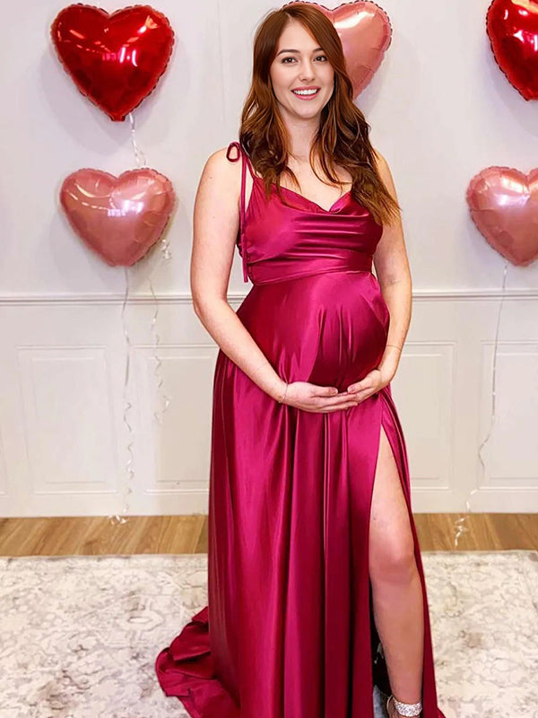 Fotobeyou Satin Side Slit Tie Shoulder Strap Cami Gown Maternity Maxi Dress