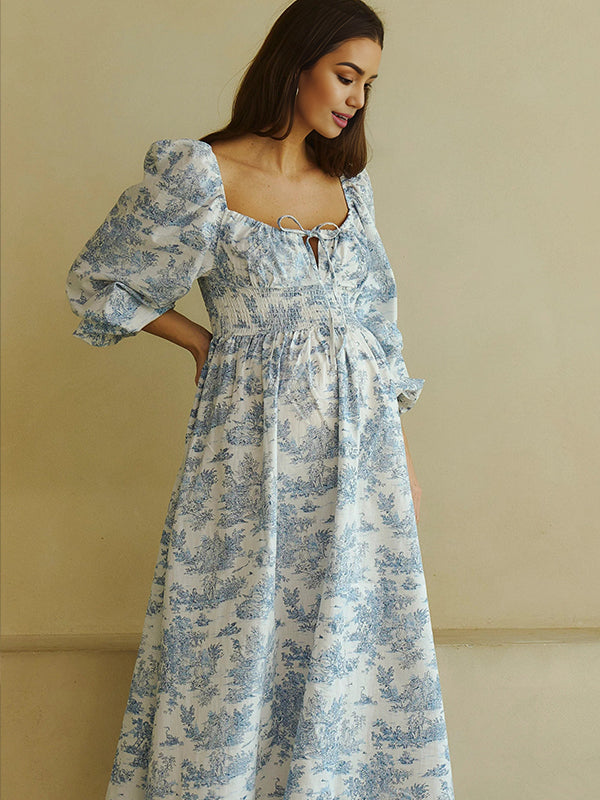 Fotobeyou Floral Smocked Lace-Up Off Shoulder A-line Maternity Maxi Dress