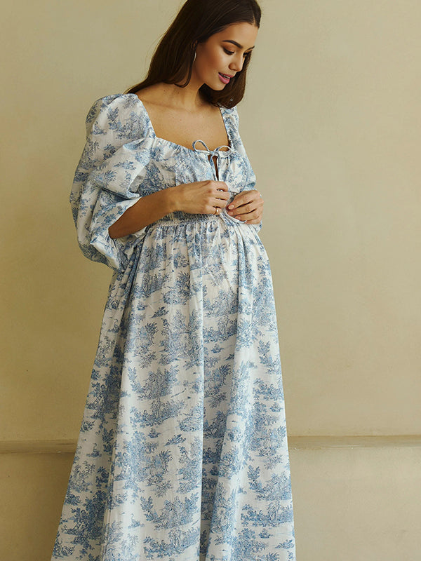 Fotobeyou Floral Smocked Lace-Up Off Shoulder A-line Maternity Maxi Dress