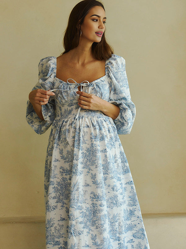 Fotobeyou Floral Smocked Lace-Up Off Shoulder A-line Maternity Maxi Dress