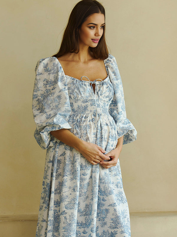 Fotobeyou Floral Smocked Lace-Up Off Shoulder A-line Maternity Maxi Dress