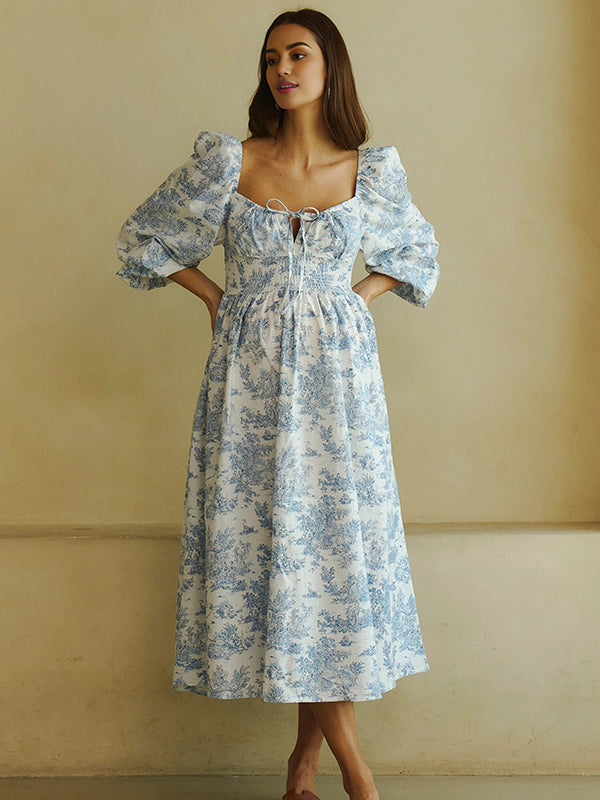 Fotobeyou Floral Smocked Lace-Up Off Shoulder A-line Maternity Maxi Dress