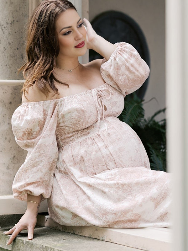 Fotobeyou Floral Smocked Lace-Up Off Shoulder A-line Maternity Maxi Dress