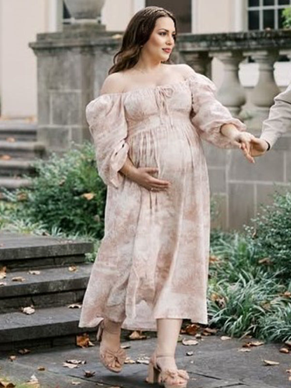 Fotobeyou Floral Smocked Lace-Up Off Shoulder A-line Maternity Maxi Dress