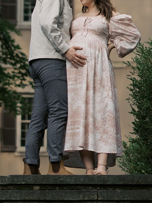 Fotobeyou Floral Smocked Lace-Up Off Shoulder A-line Maternity Maxi Dress