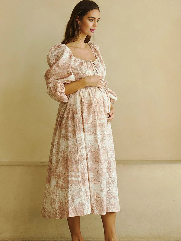 Fotobeyou Floral Smocked Lace-Up Off Shoulder A-line Maternity Maxi Dress
