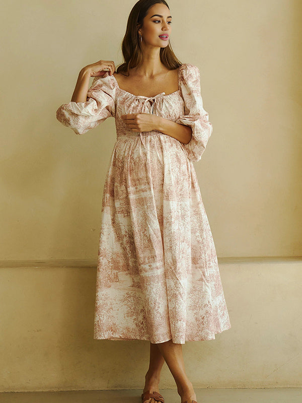 Fotobeyou Floral Smocked Lace-Up Off Shoulder A-line Maternity Maxi Dress