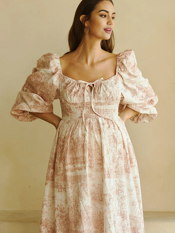 Fotobeyou Floral Smocked Lace-Up Off Shoulder A-line Maternity Maxi Dress