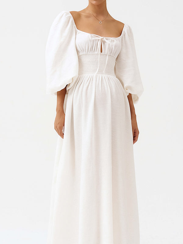 Fotobeyou Floral Smocked Lace-Up Off Shoulder A-line Maternity Maxi Dress