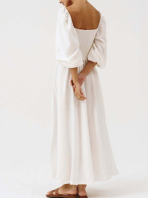 Fotobeyou Floral Smocked Lace-Up Off Shoulder A-line Maternity Maxi Dress