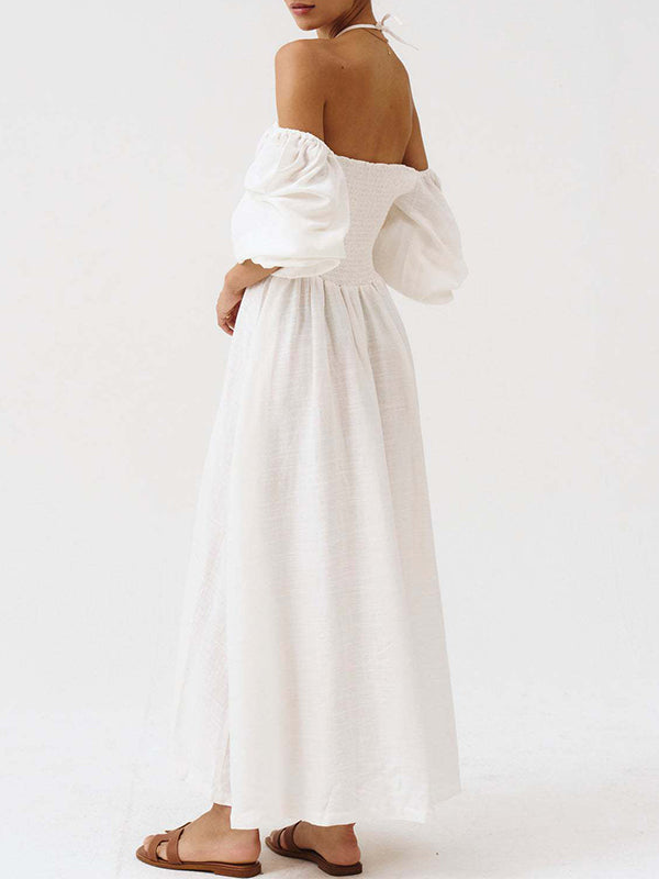 Fotobeyou Floral Smocked Lace-Up Off Shoulder A-line Maternity Maxi Dress