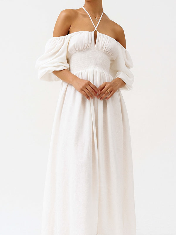 Fotobeyou Floral Smocked Lace-Up Off Shoulder A-line Maternity Maxi Dress