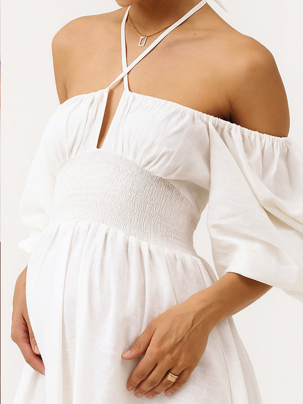 Fotobeyou Floral Smocked Lace-Up Off Shoulder A-line Maternity Maxi Dress