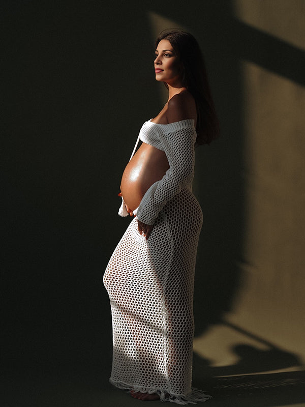 fotobeyou White Crochet Cut Out Off Shoulder Two Piece Set Drawstring Crop Top And Tassel Bodycon Skirt Elegant Maternity Photoshoot Maxi Dress